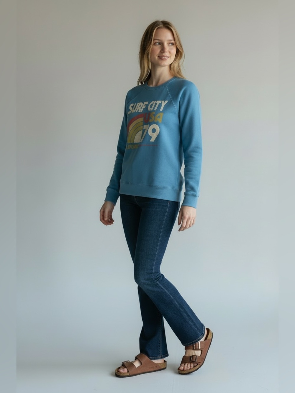 Original Retro Brand Light Blue 'Surf City USA 79' Graphic Crewneck Sweatshirt